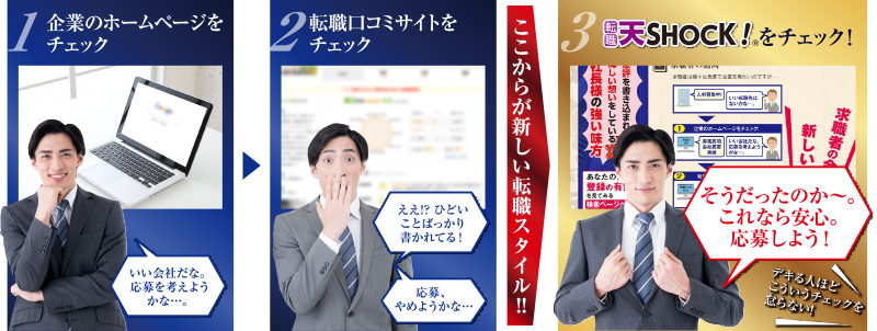 企業のホームページをチェック→転職口コミサイトをチェック→転職天SHOCK！をチェック